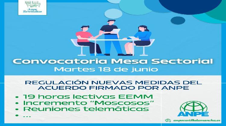 Convocatoria MESA Sectorial 18 junio. 19 horas EEMM, Reuniones telemáticas, 3er moscoso, reducción documentos programáticos.