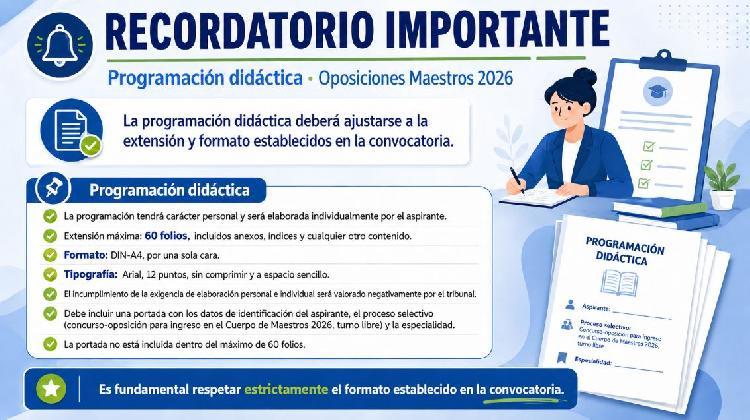 Opositores/as Maestros/as 2026. Segunda Prueba. Recordatorio formato de la programación didáctica.