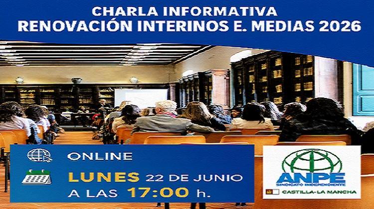 EEMM. Charla Telemática de ANPECLM Renovación interinidades especialidades no convocadas.Curso 2026-2027. 22-junio a 17:00 horas